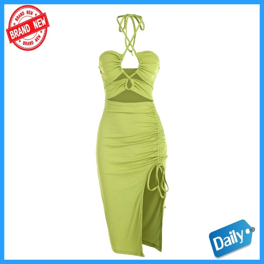 Sleeveless Halter Midi Dress Criss Cross Cut Out Bodycon Party Wear
